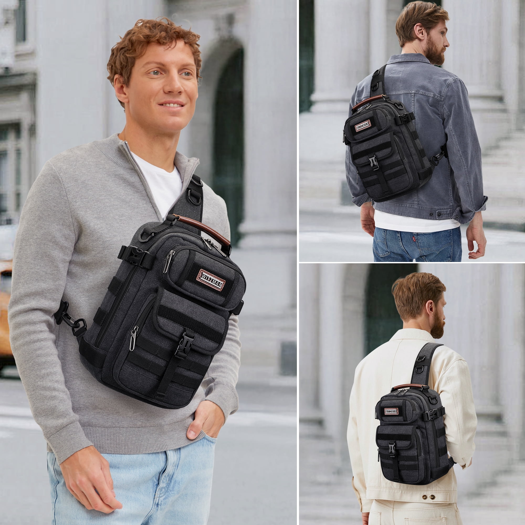 WITZMAN Sling Bag for Men Canvas Casual Chest Bag with USB Charging Port for Travel Daily Work(A8021 Black)