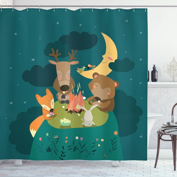 Animals Shower Curtain, Animals Resting around Bonfire Fox Reindeer Birds under Moon Night Sky Friends Time, Fabric Bathroom Set with Hooks, 69W X 84L Inches Extra Long, Multicolor, by Ambesonne