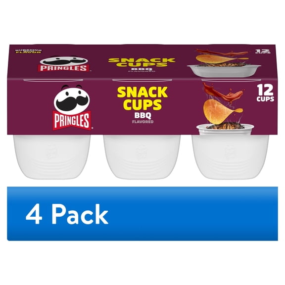 (4 pack) Pringles Snack Cups BBQ Potato Crisps Chips, Lunch Snacks, 12 Count