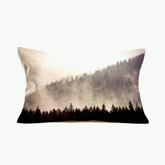 Mountain Mist Linen Pillowcase - Rustic Forest Decorative Cushion Cover for Farmhouse Home - Natural Scenery Throw Pillow Case 12x20 Inch