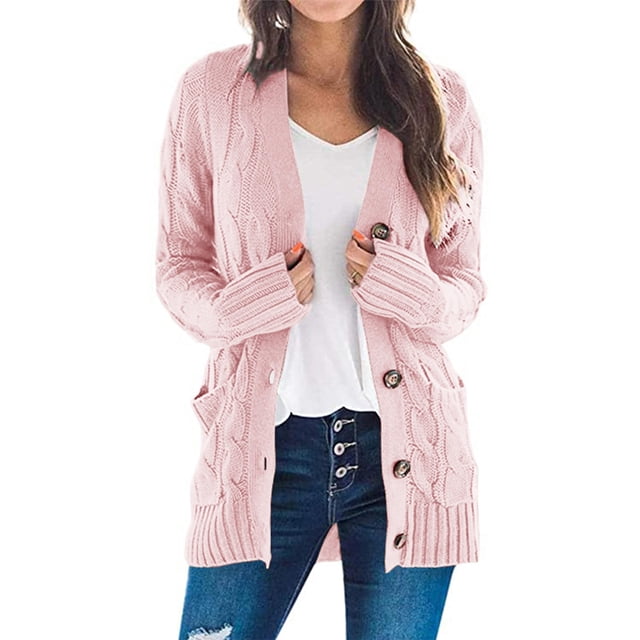 Jersey tipo cárdigan PRETTYGARDEN de punto trenzado rosa empolvado para mujer