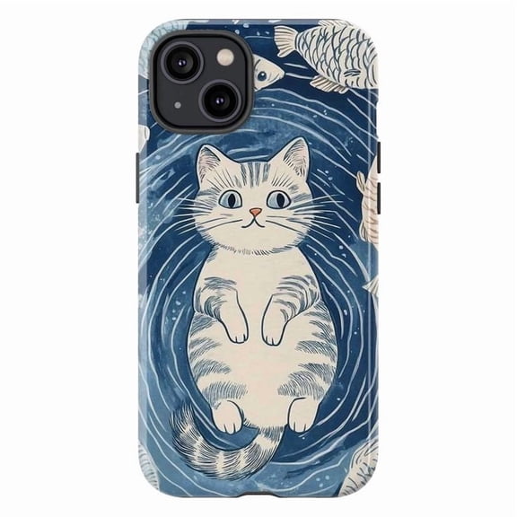 Floating Grey Cat Phone Case, Blue Water Fish Illustration iPhone Cover, Cute Artistic Protective Case for iPhone 17 16 15 14 13 12 11 Pro Plus Mini