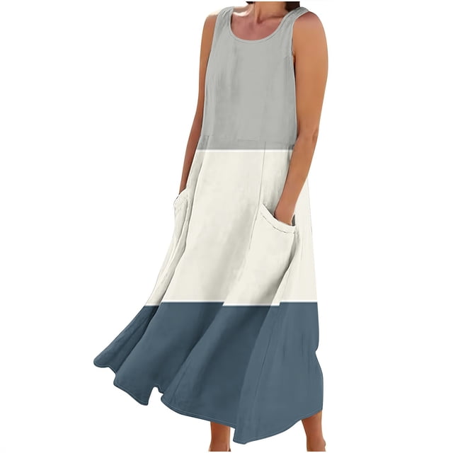 Vestido de Verano para las Mujeres sin Mangas Lino-Look Impreso Maxi, Suelto Fluido Y Vestido Sexy de Moda para las Mujeres