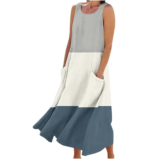 Vestido de Verano para las Mujeres sin Mangas Lino-Look Impreso Maxi, Suelto Fluido Y Vestido Sexy de Moda para las Mujeres