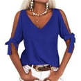 thumbnail image 2 of Summer V-neck Women Solid Color Off Shoulder Casual Shirt Bownot Blouse Tops, 2 of 3
