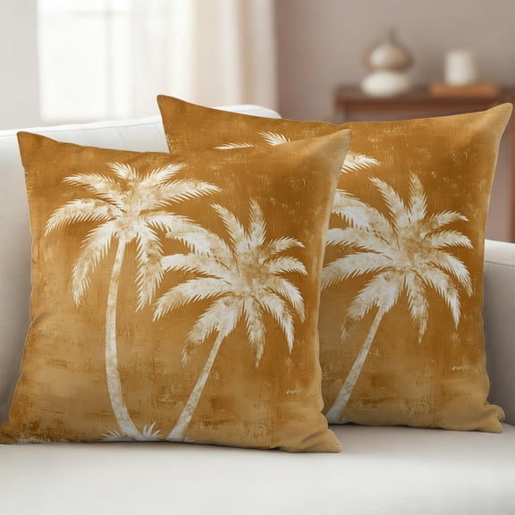 Palm Trees Tropical Outdoor Pillow Covers 20x20 Set of 2,Waterproof Patio Throw Pillowcase Protectors,Shabby Burnt Orange Summer Coastal Square Decorative Pillow Shams Cushion Covers for Seat Couch