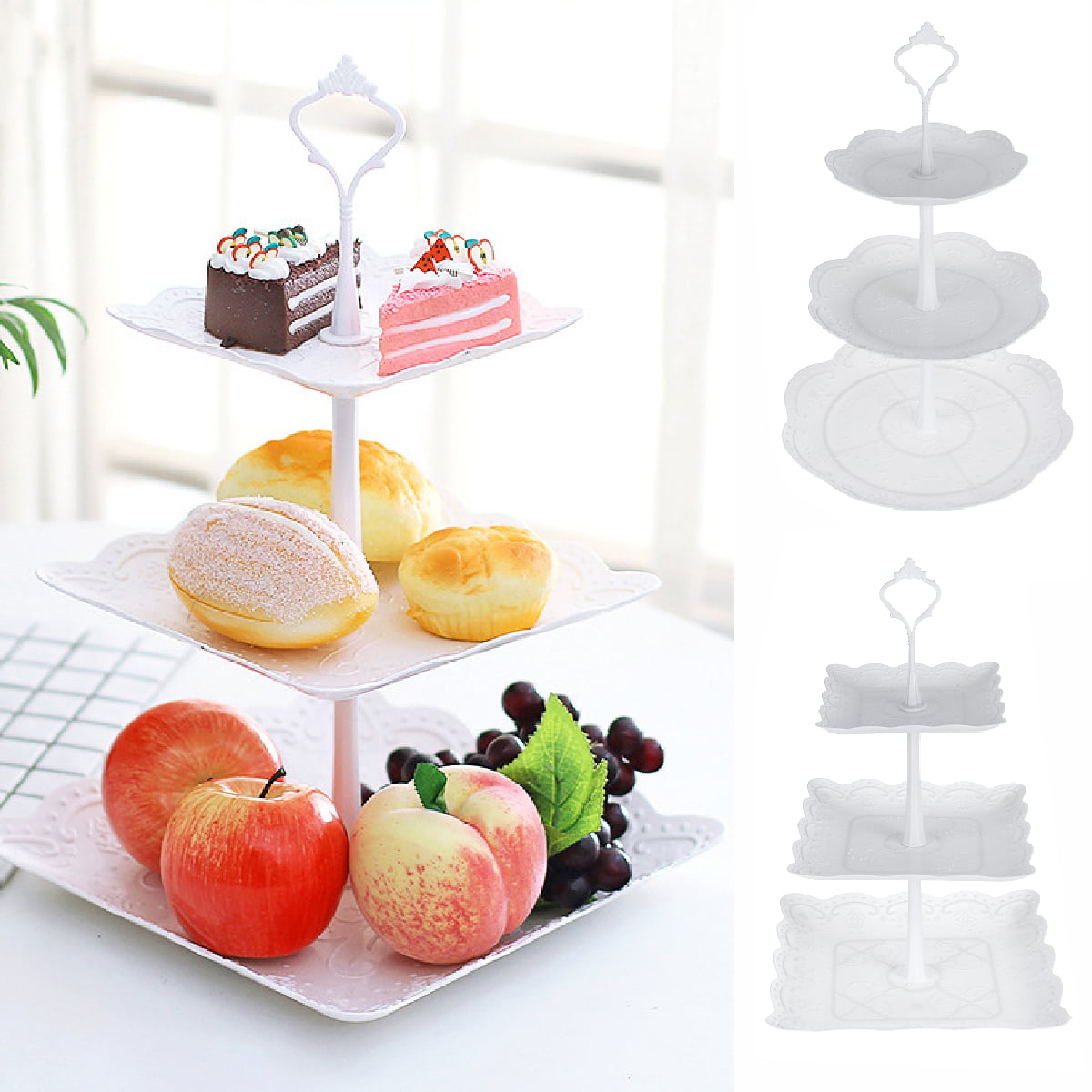 3 Tier Cake Dessert Display Stand Fruit Plate with New Fittings Plastic Square Cupcake Dessert Holder Tower Party Serving Platter Stand for Afternoon Tea Birthday Weeding Party Black 