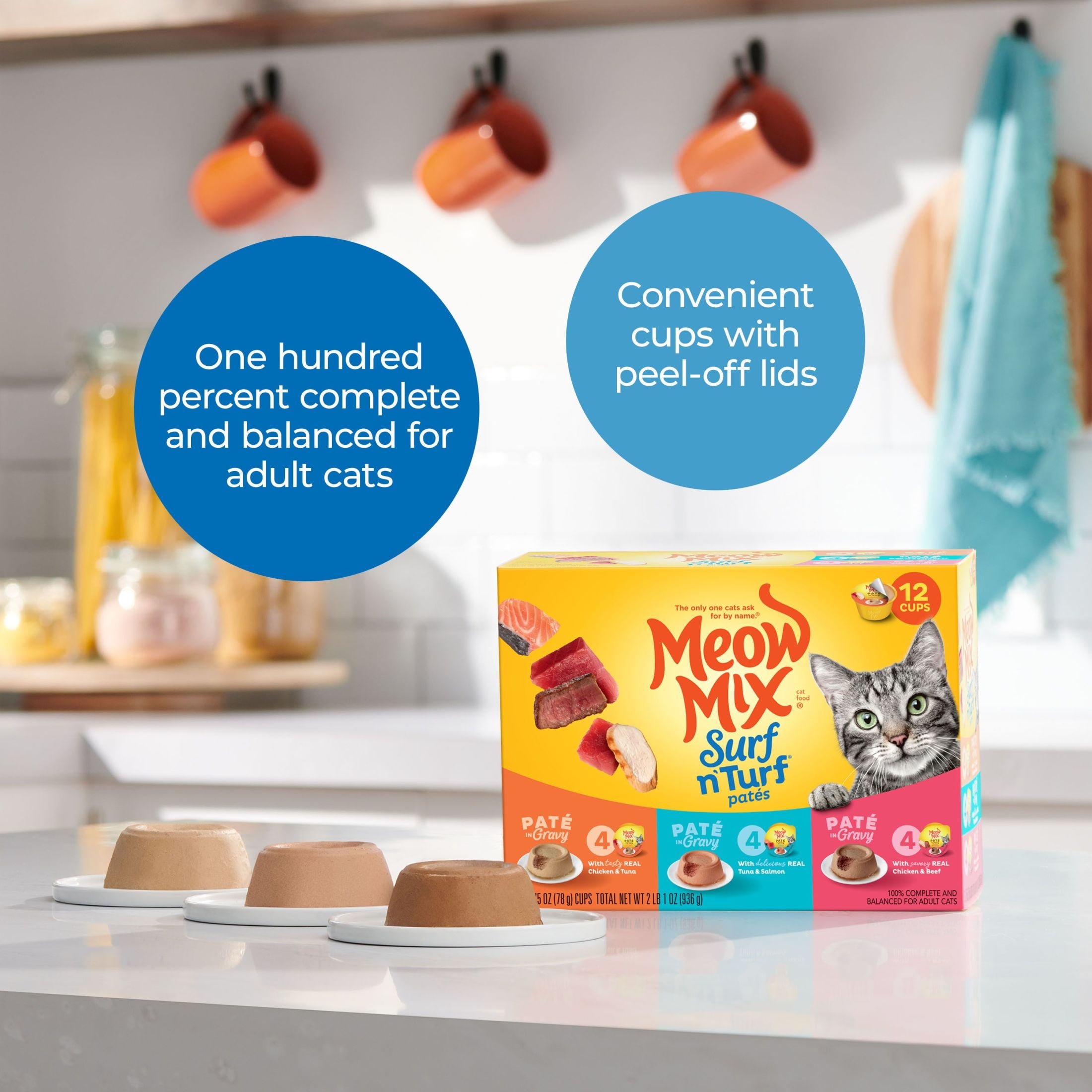 (4 pack) Meow Mix Pate in Gravy Surf n’ Turf Pates Variety pack, Wet Cat Food, 2.75 oz Cup, 12 pack