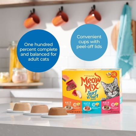 MEOW MIX PATE IN GRAVY SURF N’ TURF PATES VARIETY PACK, WET CAT FOOD, 2.75 OZ CUP, 12 PACK