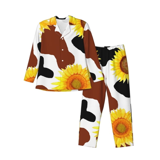 Fotbe Sunflower Cow Pijama de Hombre con Estampado de Manga Larga, Conjunto de 2 Piezas, Ropa de Dormir Suave y Cómoda con Bolsillos-Small