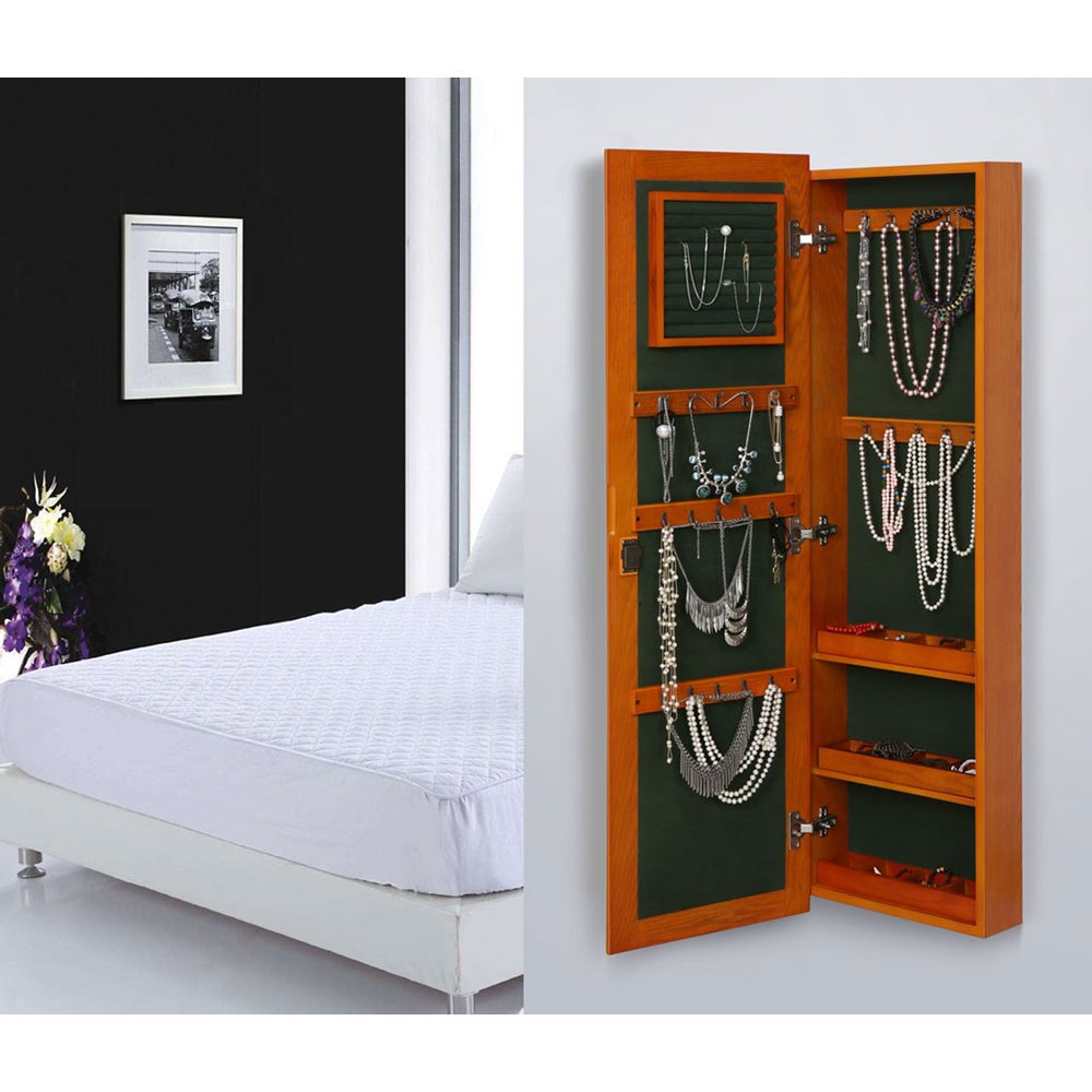 Wall Mounted Locking Wooden Jewelry Armoire with Mirror