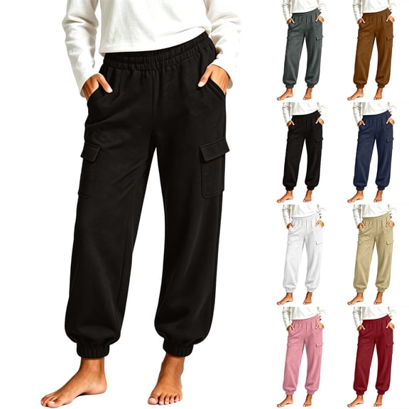 Womens Joggers with Pockets Solid Loose Tight Waist Casual Straight-Leg Ankle-Length Lounge Sweatpants Jogger Sports Pants