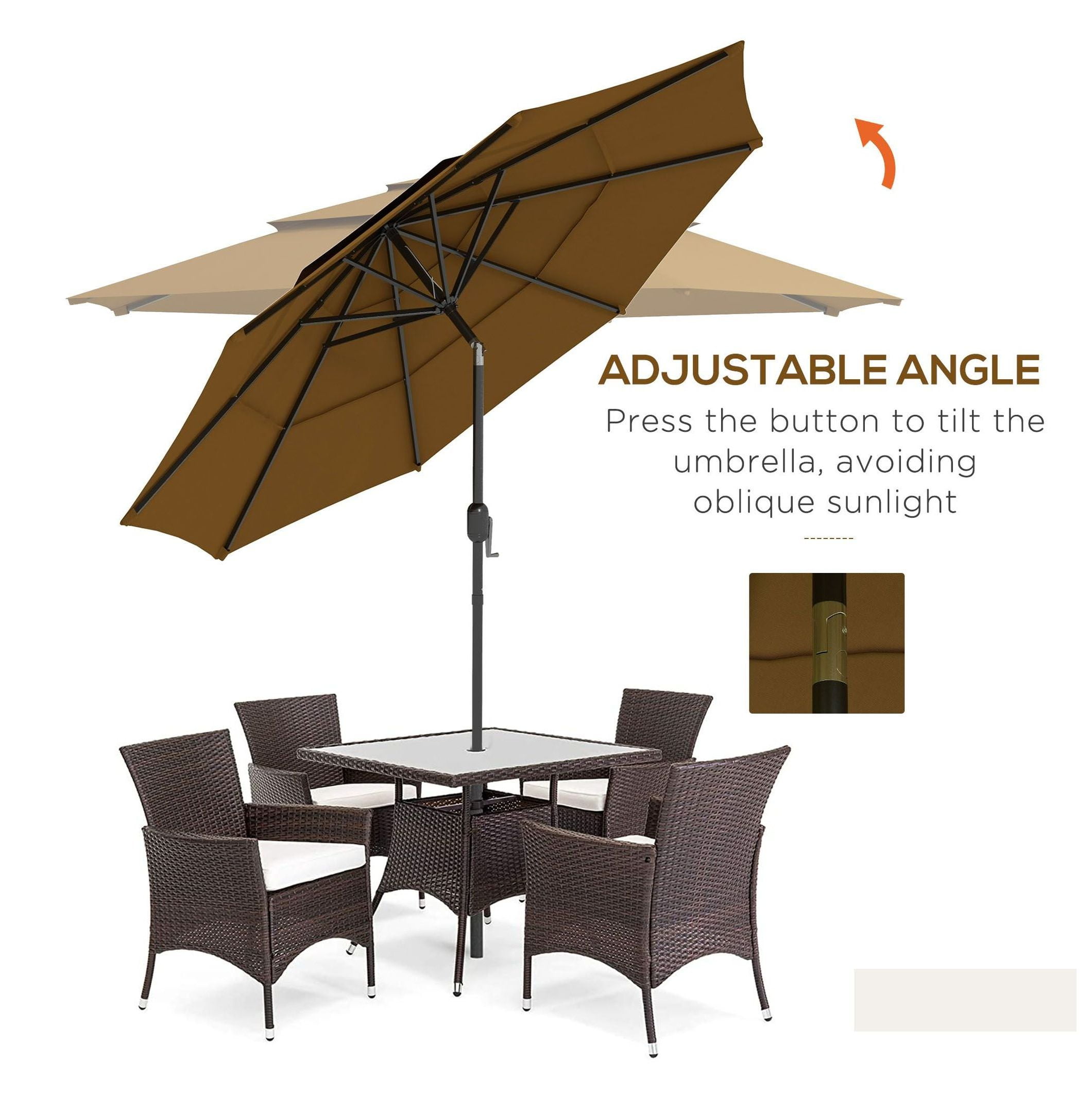 9FT Patio Umbrella Outdoor, 3-Tier Tan Crank Tilt Market Umbrella for Deck Backyard Lawn Sun Shade