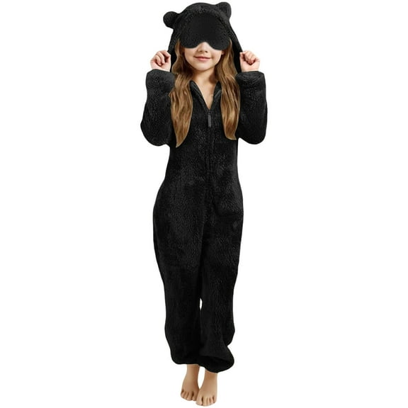 OYXSER Girls Fleece Jumpsuit Warm Fleece Bed Jumpsuit Kids Cute Winter Plain Zip Up Long Sleeve Soft Hooded Romper, Black 6-7 Years