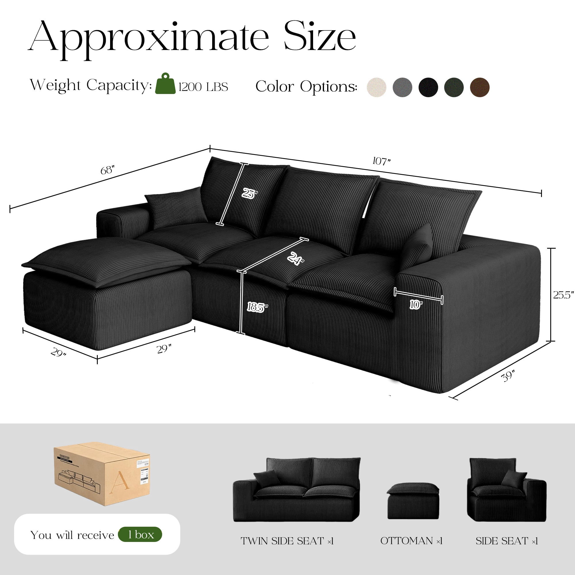 107" L-Shape Modular Sectional Sofa Corduroy Cloud Couch with Ottoman Compressed Foam for Living Room, No Assembly Required Black