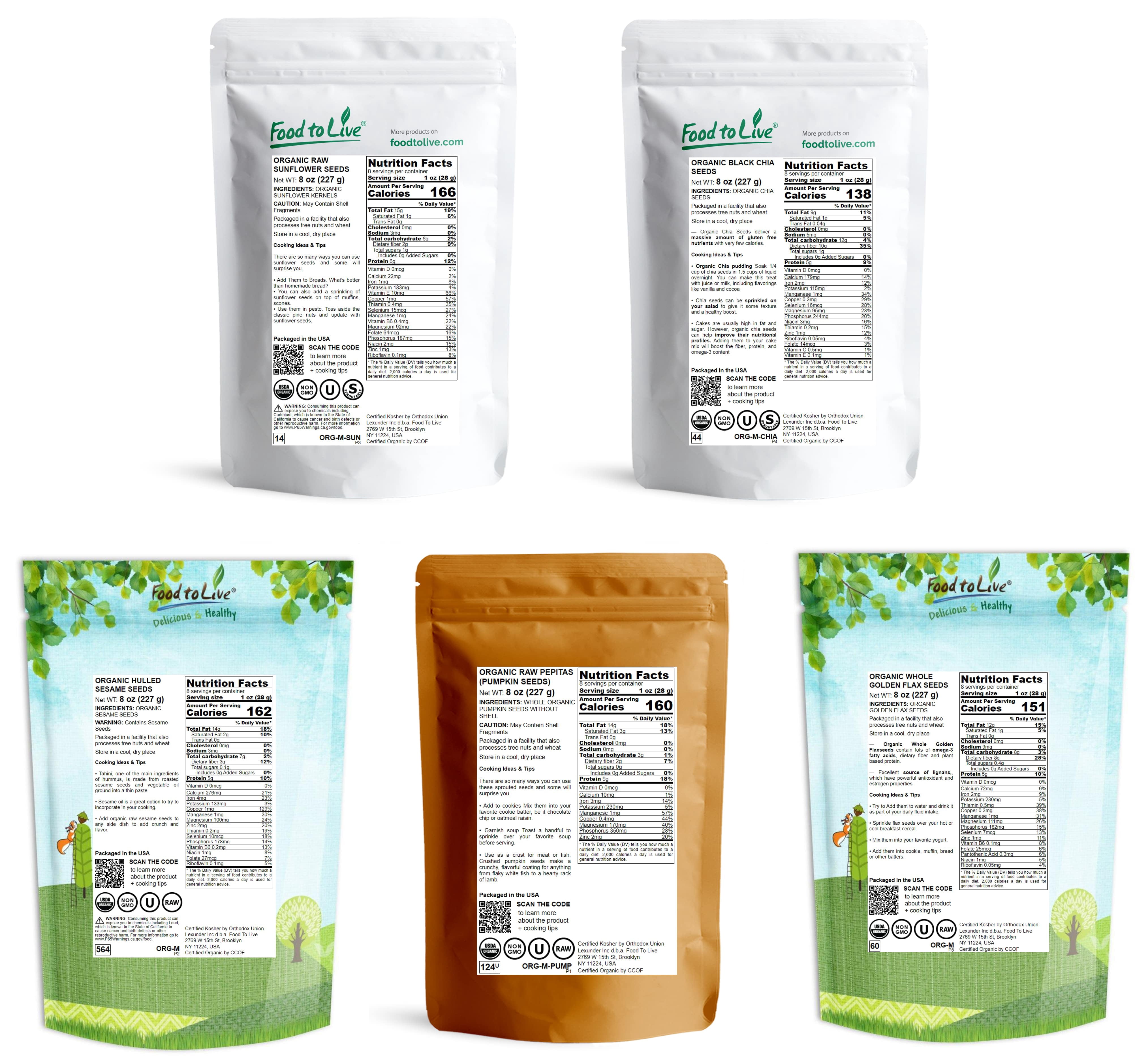 Organic Keto Raw Seeds in a Gift Box - Pumpkin Seeds, Sesame Seeds, Sunflower Seeds, Chia Seeds, Golden Flax Seeds