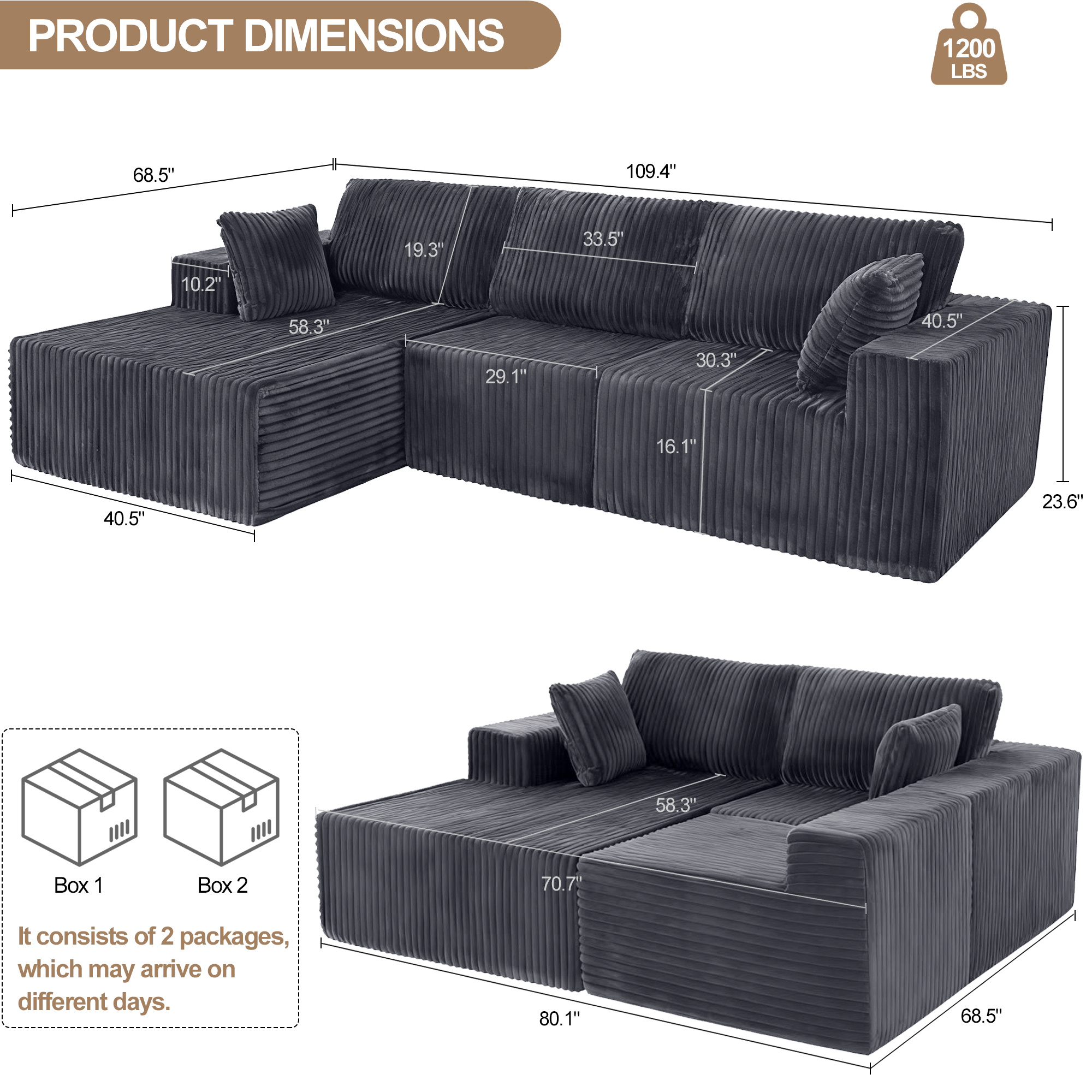 Aukfa 3 Piece Sofa Set, 109" Modular Sectional Couch w/ 5 Pillows for Living Room, Left Chaise, Gray