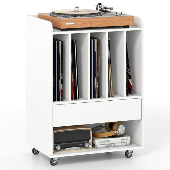 Costway Record Player Stand with Drawer & Record Holder,Lockable Wheels for Living Room White