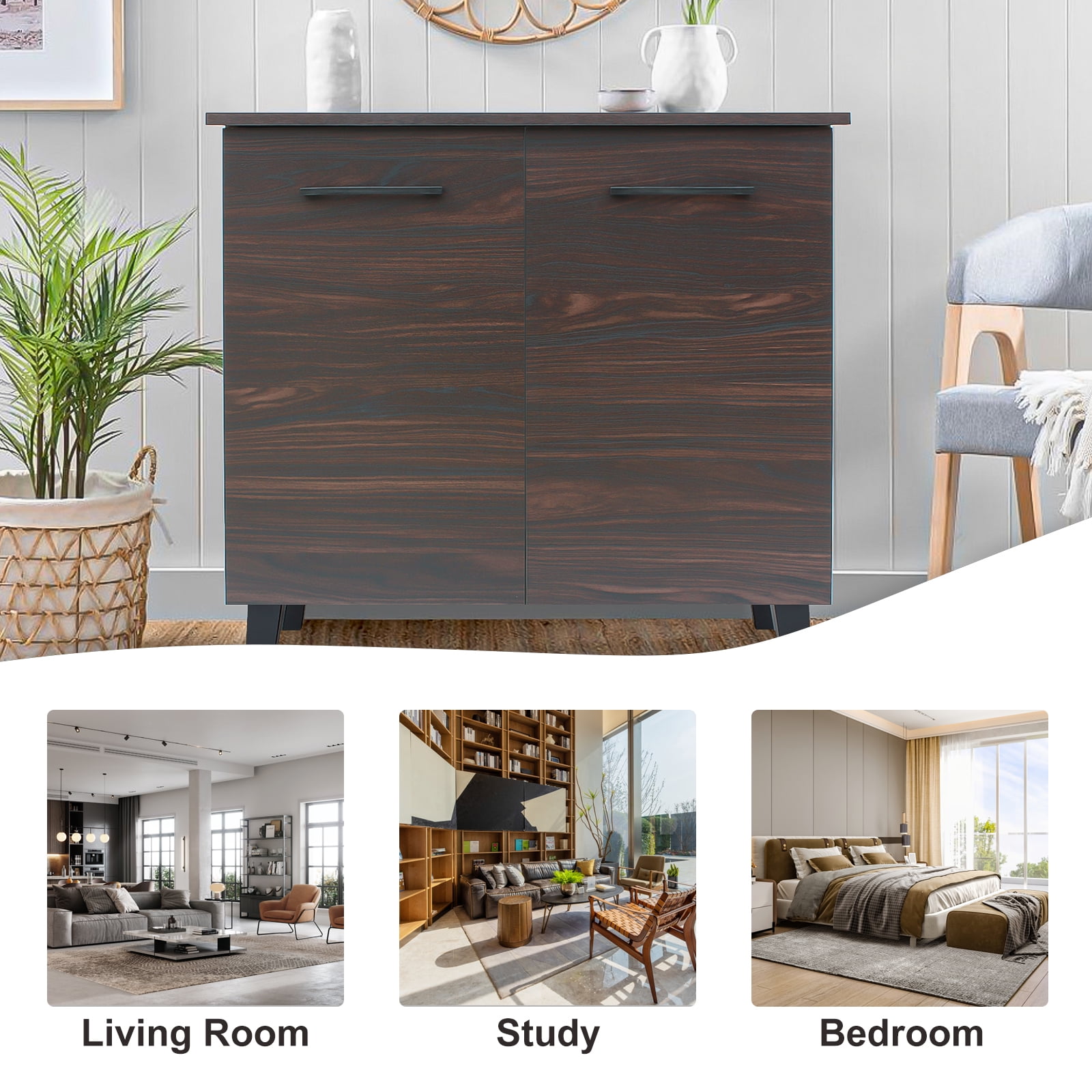 Kadyn Walnut Finished Faux Wood Cabinet, Kitchen Storage Cabinet with 3-Shelf, Modern Fiberboard Storage Cabinet for Living Room Kitchen