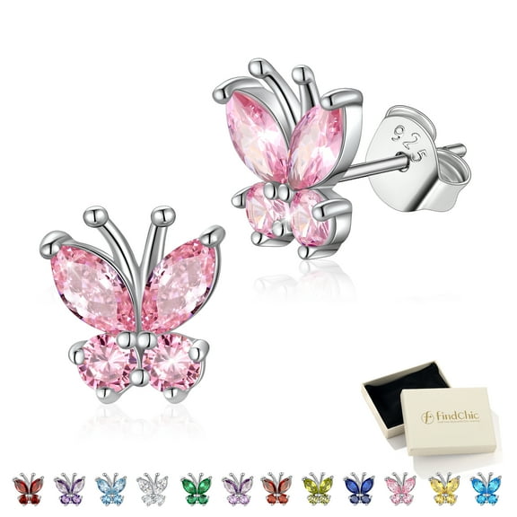 FindChic Butterfly Stud Earrings for Women Sterling Silver Synthetic Pink Tourmaline Birthstone Jewelry