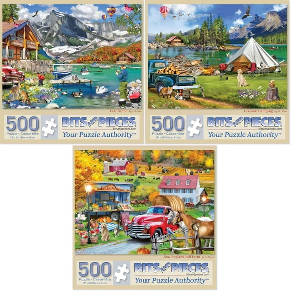 Bits and Pieces Lake & New England Farm Themed Jigsaw Puzzle Value Set for Adults by Ali Innis – Set of Three Colorful Puzzles, Random