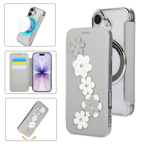 Allytechgroup Magnetic Case for iPhone 17, Buikt-in Card Holder RFID Blocking PU Leahter Rugged Support Wireless Charging Slim Lightweight Shockproof Bumper for Women Girls, White