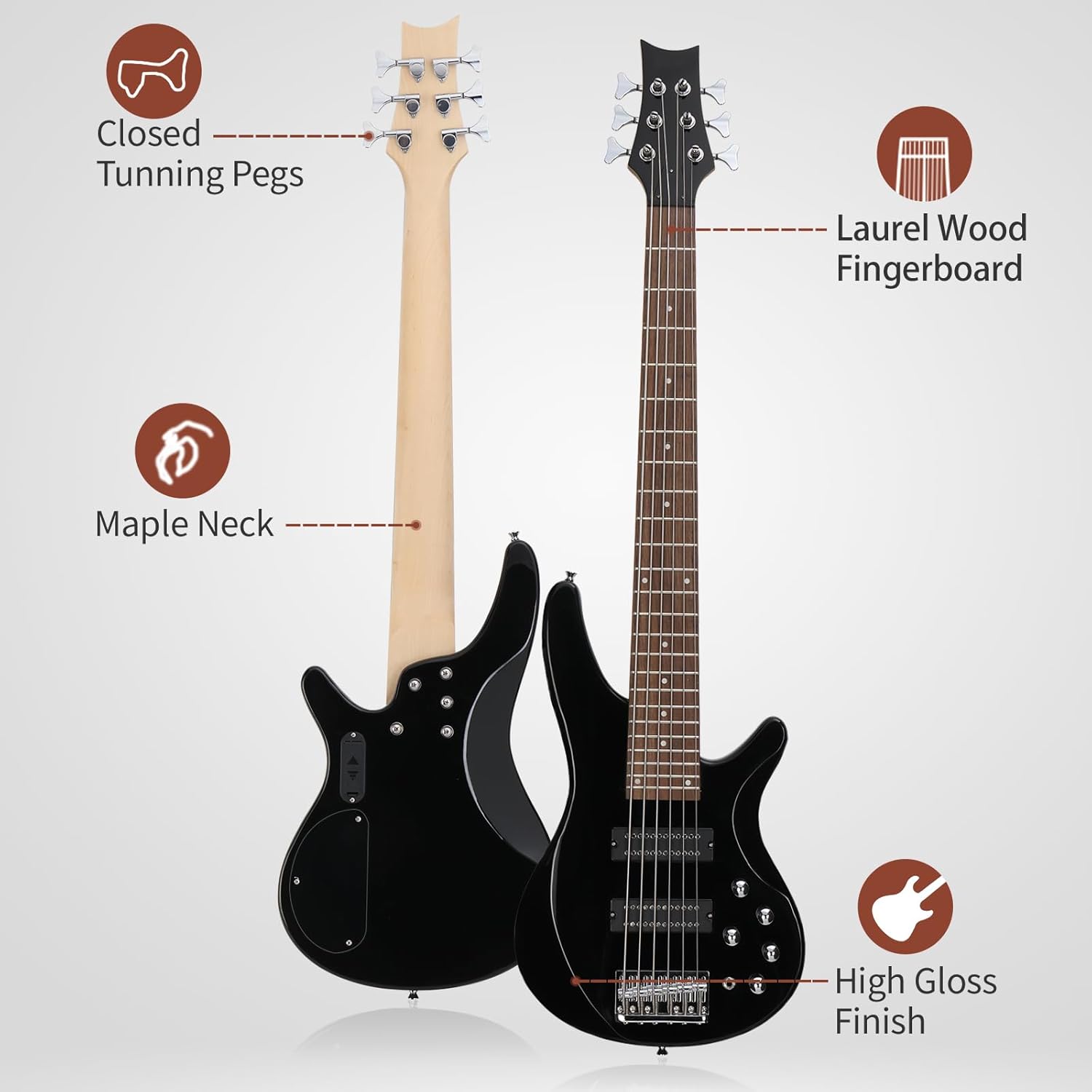 HarmonyStrings Bass Guitar 6 String Electric Bass Guitars, Beginner Bass Guitar with Professional H-H pickup, 3 Way Pickup Selector, Premium Cable, Unique Body Design for Beginner Black Upgraded