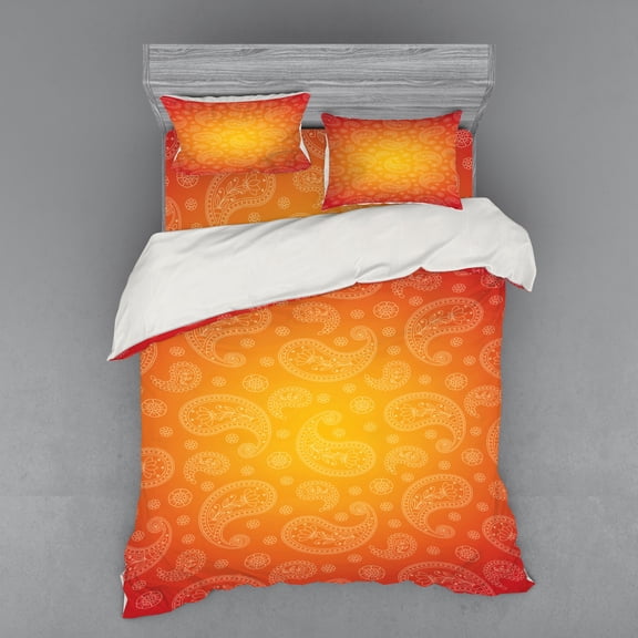 Ambesonne Orange Bedding Set 4 Pcs, Ombre Floral, Queen, Orange and White