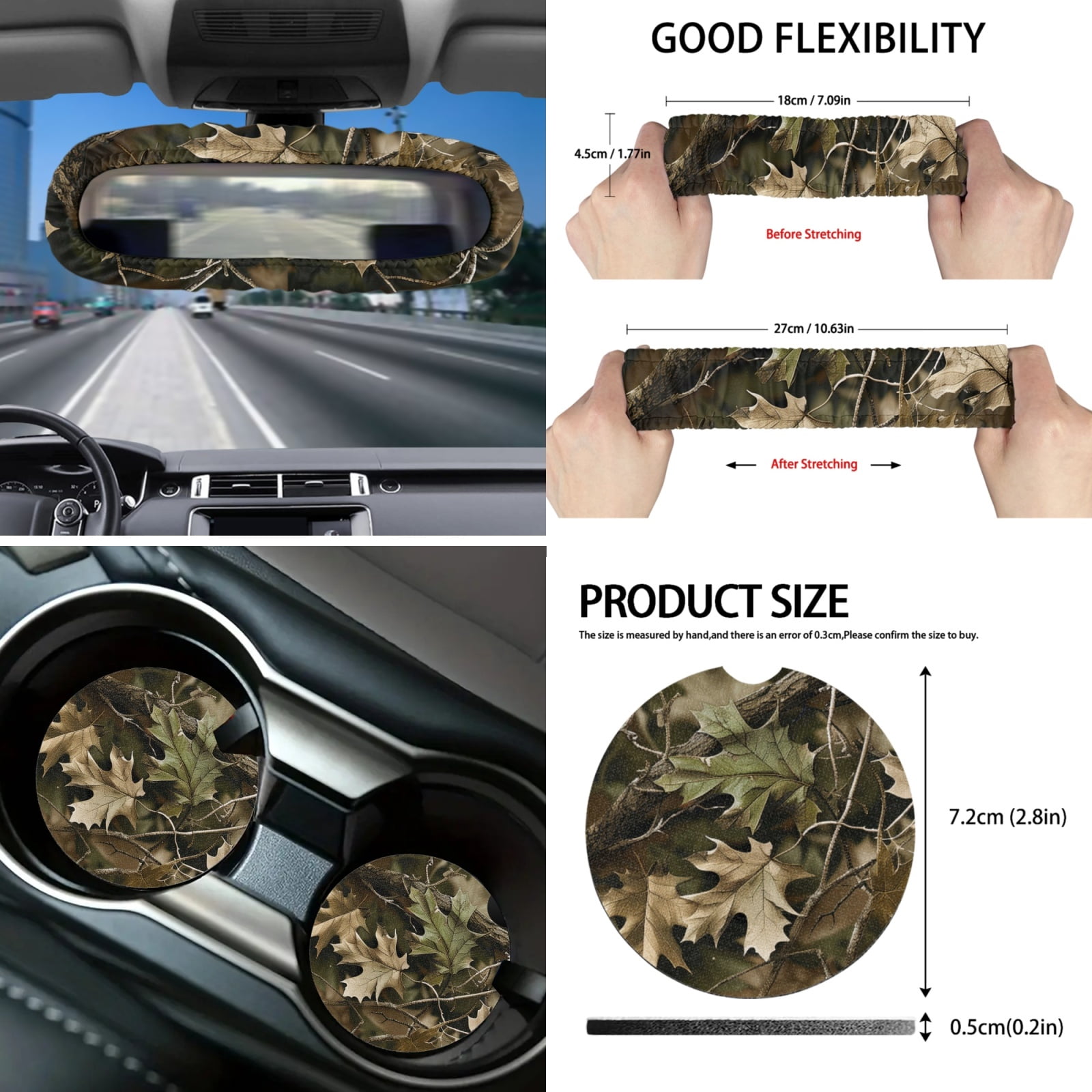 Yuyamidu Camo Hunting Car Seat Cover Set 16 PCS Wood Steering Wheel Cover Seat Belt Cushion Pad Gear Shift Hand Brake Cover Rearview Mirror Cover Coasters Keychain Sun Shade for SUV Van Truck