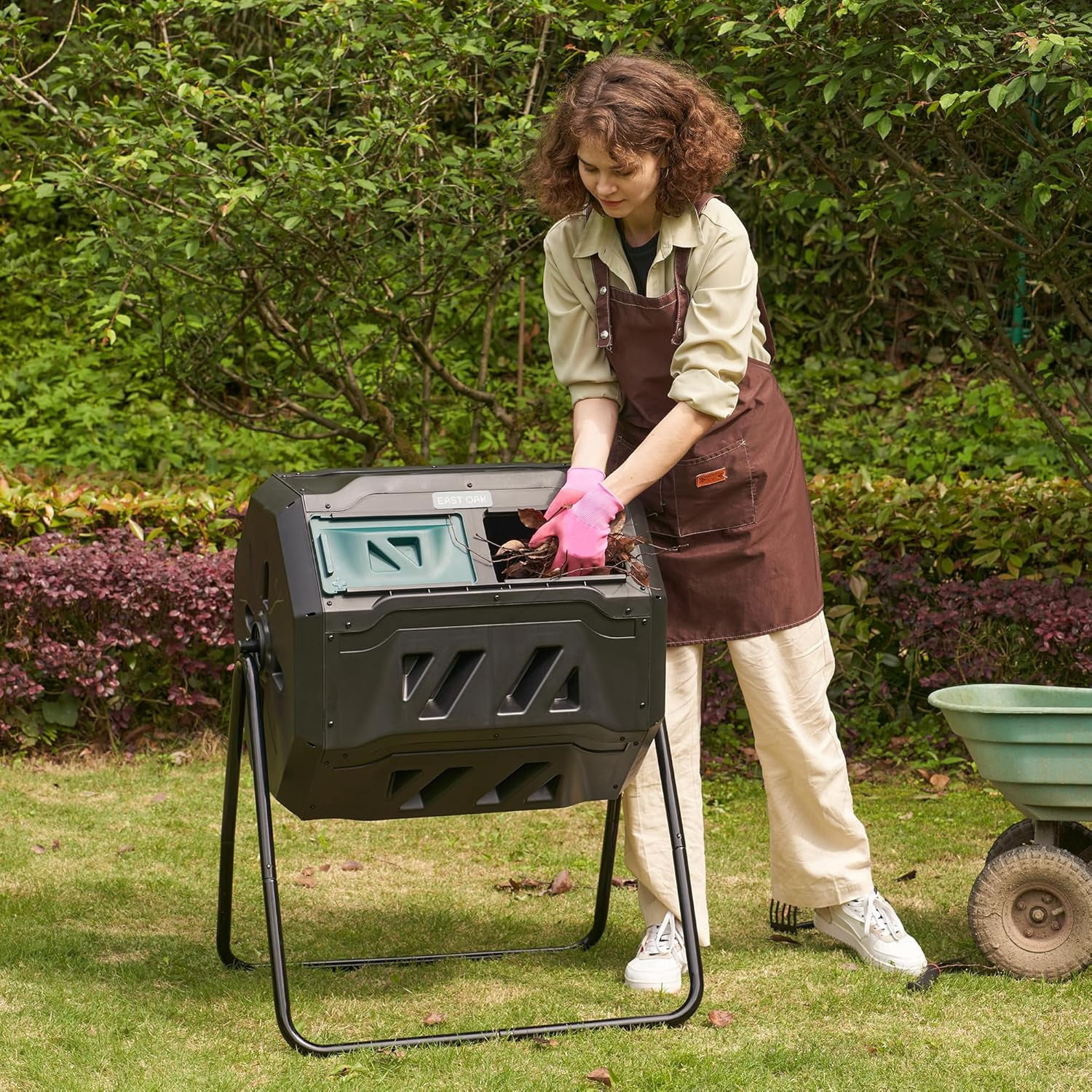EAST OAK Tumbling Composters 43-Gal Dual Chamber Compost Bin with 2 Sliding Door and Aeration System