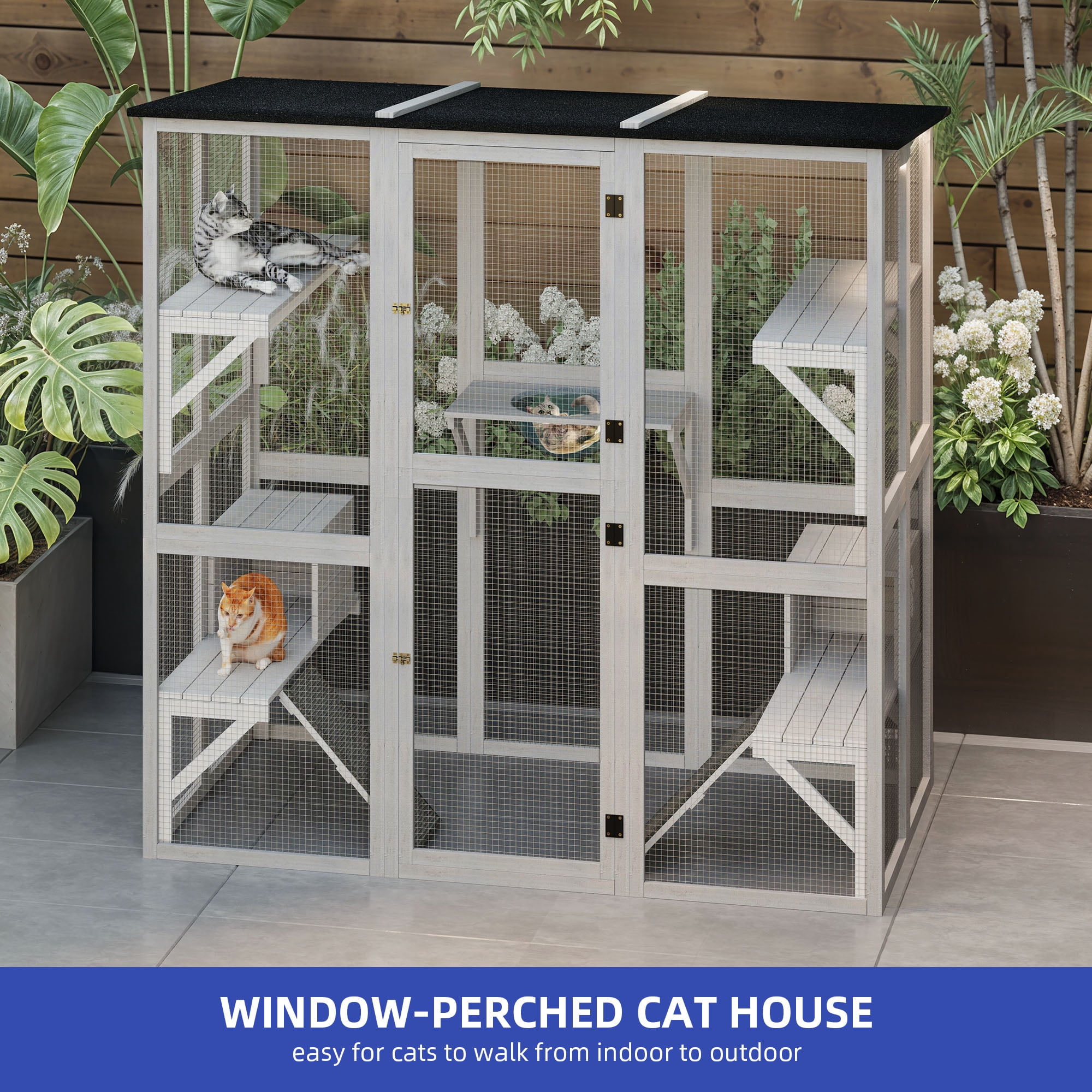 ModFusion 71" Weatherproof Wooden Cat Cage with 5 Platforms & 2 Cozy Houses – Durable Indoor/Outdoor Cat Enclosure with Sisal Stairs & Asphalt Roof
