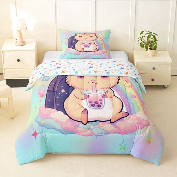 Erosebridal Cartoon Capybara Bubble Tea Twin Comforter Sets 3-Piece For Boys Girls,Cute Rainbow Animal Bedding Set For Kids,Microfiber Bedroom Decor