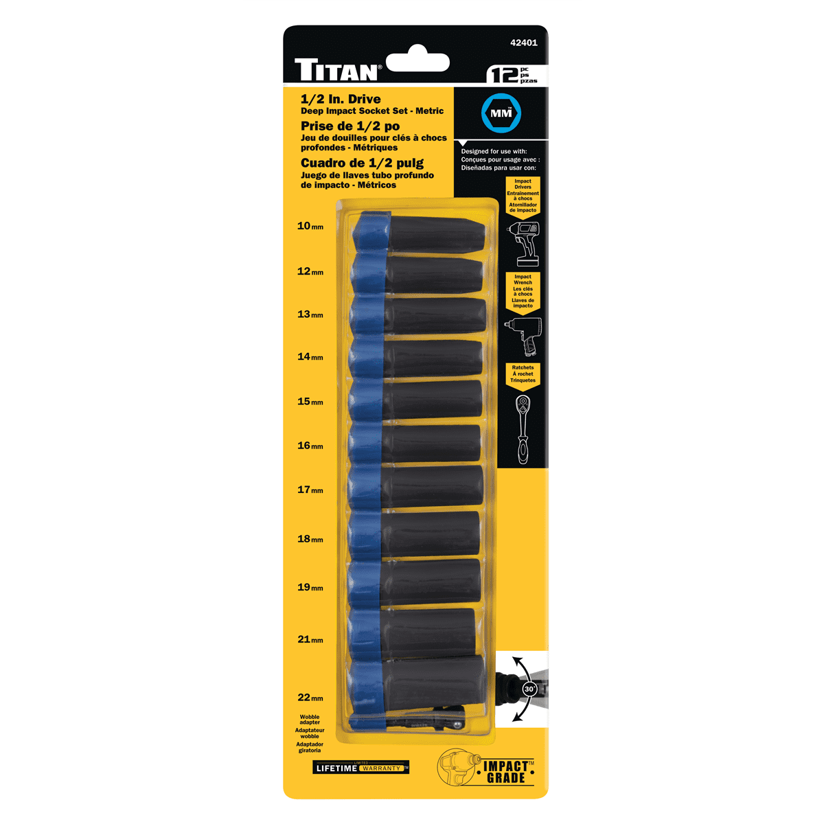 Titan 12 Piece 1/2 Inch Drive 6 Point Metric Deep Impact Socket Set