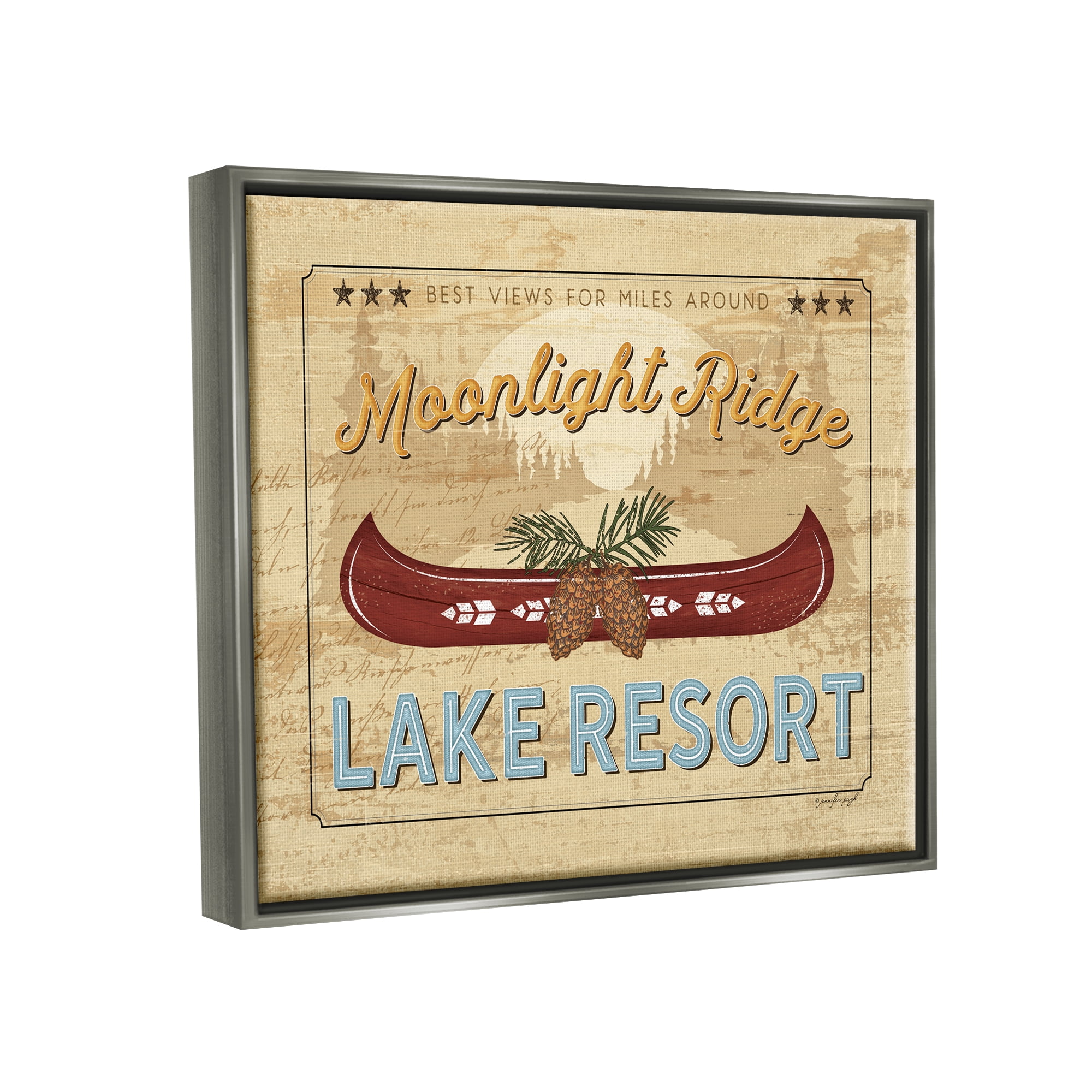 Stupell Moonlight Ridge Lake Resort Canoe Landscape Painting Gray Floater Framed Art Print Wall Art