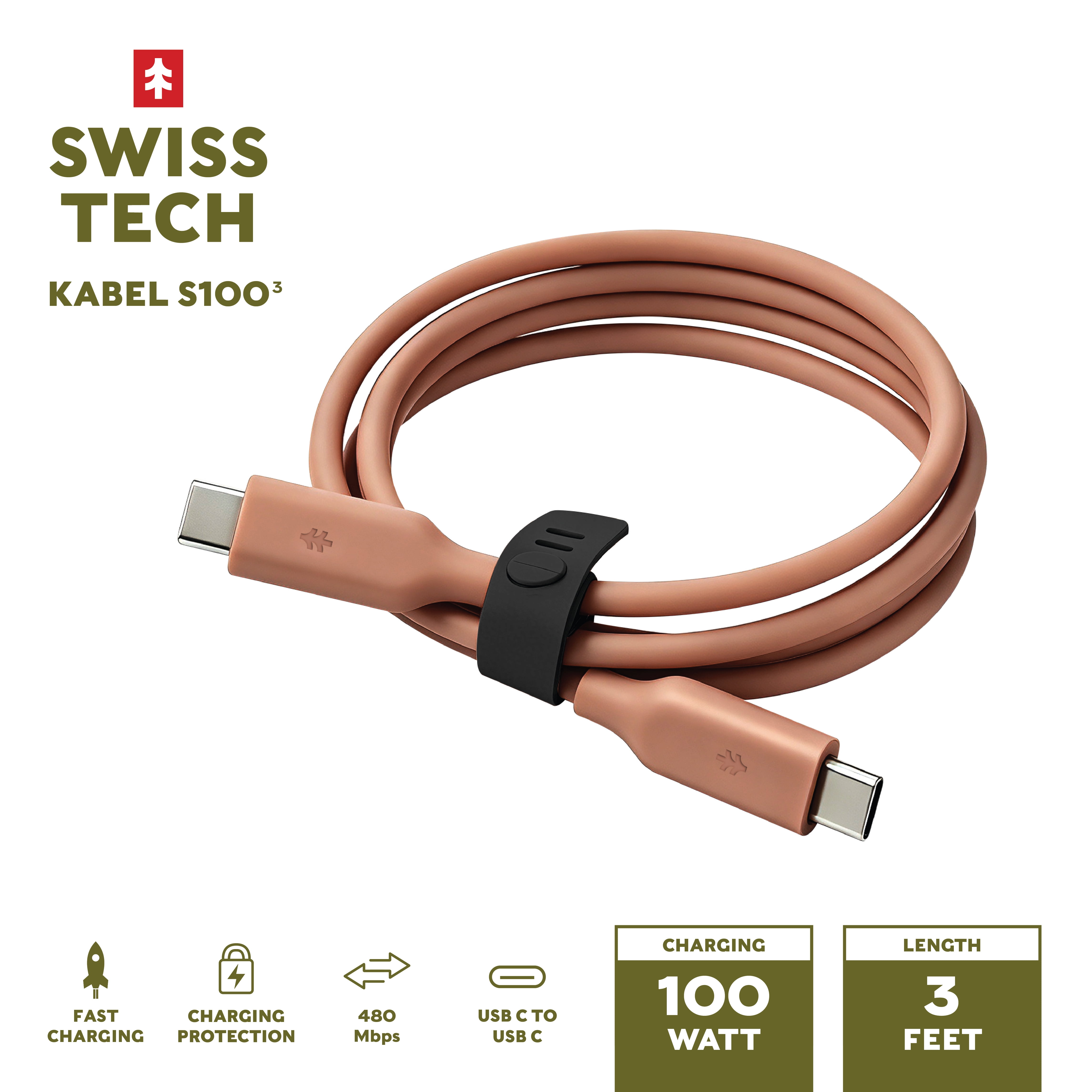 Swiss Tech Kabel S100 3 ft 100W Soft Touch USB-C to USB-C Charging Cable, Terra Orange