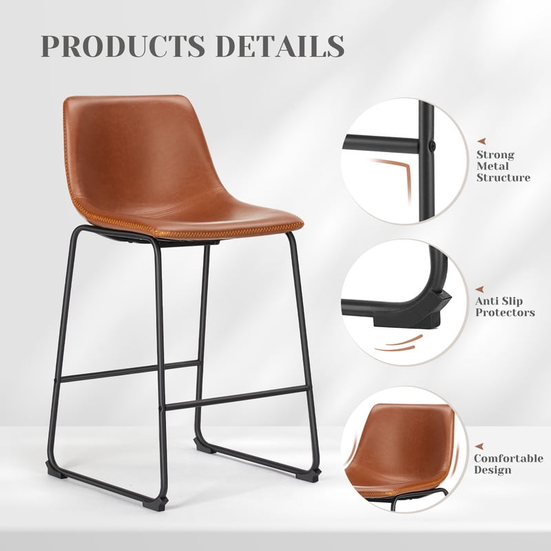 Gianna Counter Height Bar Stools Set of 2, Modern Faux Leather High Barstools with Back and Metal Leg, Bar Chairs for Kitchen Island, Brown