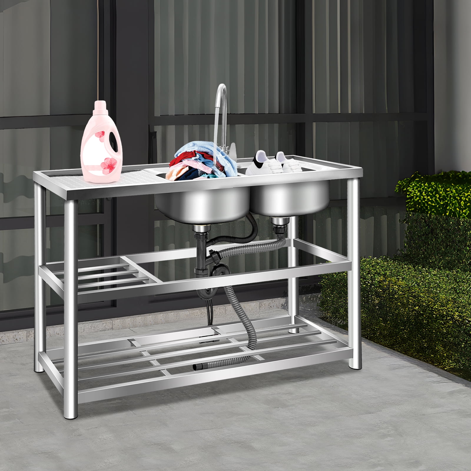 Peakora 3 in 1 Kitchen Utility Sink Stainless Steel Kitchen Sink with Two Sinks and Faucet Freestanding Outdoor Kitchen Commercial Sink with Double-Layer Storage Shelf