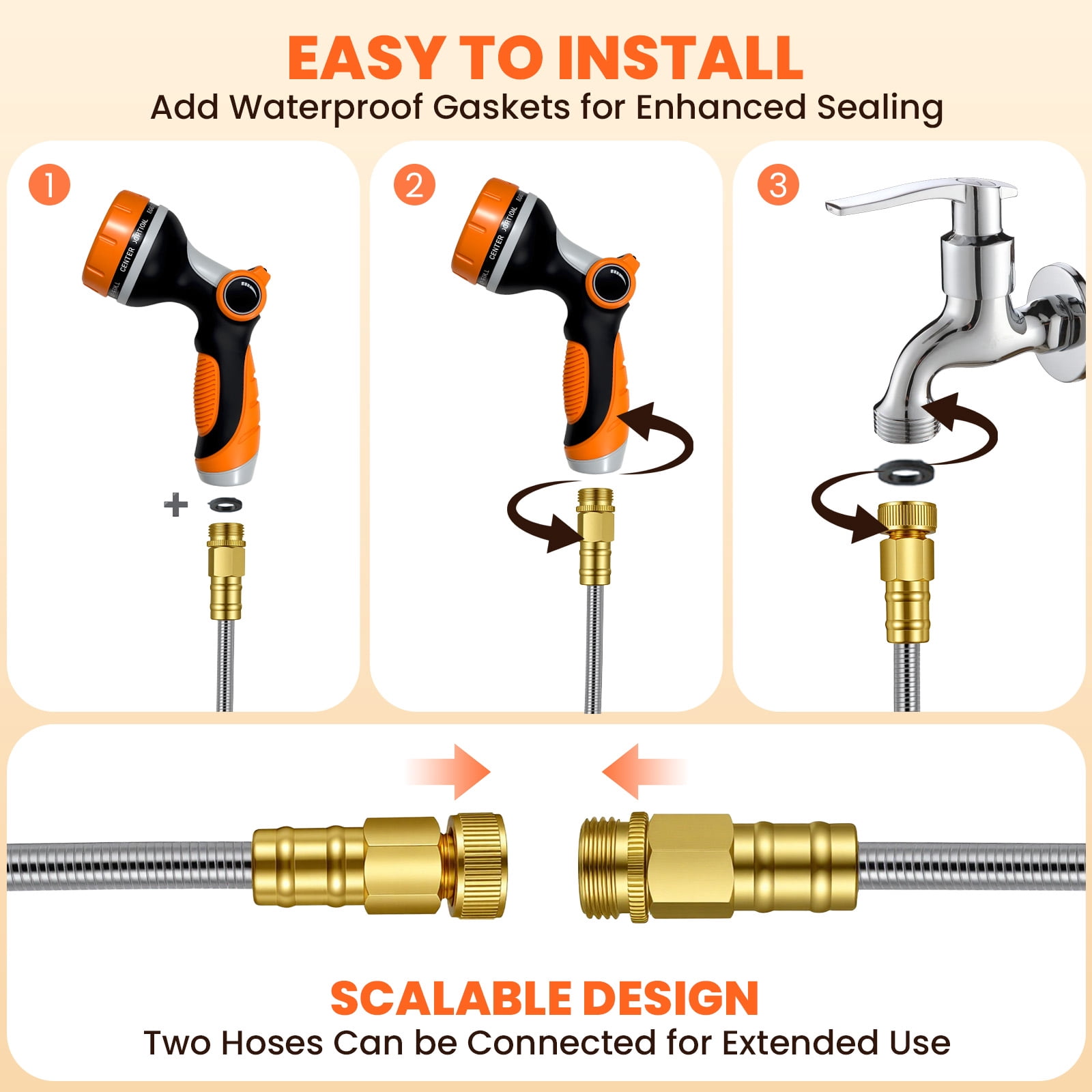 KOYMISKU Garden Hose 50FT, Stainless Steel Water Hoses with 10-Mode Nozzle Sprayer, Tangle Free Water Pipe for Yard Outdoor