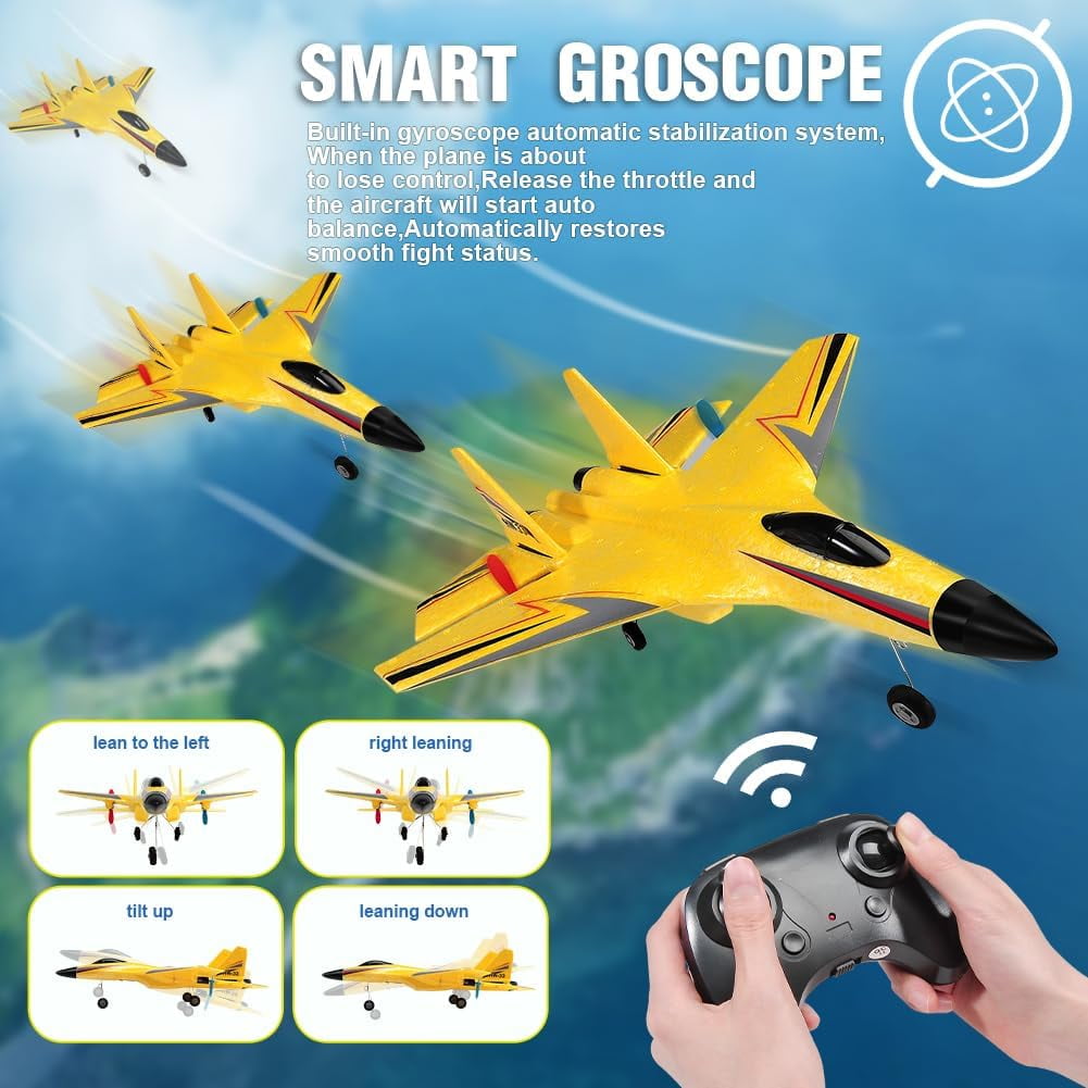 Oenbopo RC Planes,SU-27 RC Airplane,2.4GHz 2 Channel Remote Control Plane with Gyro Night Lights and 2 Batteries, Easy to Fly for Adults, Beginners and Kids,Yellow