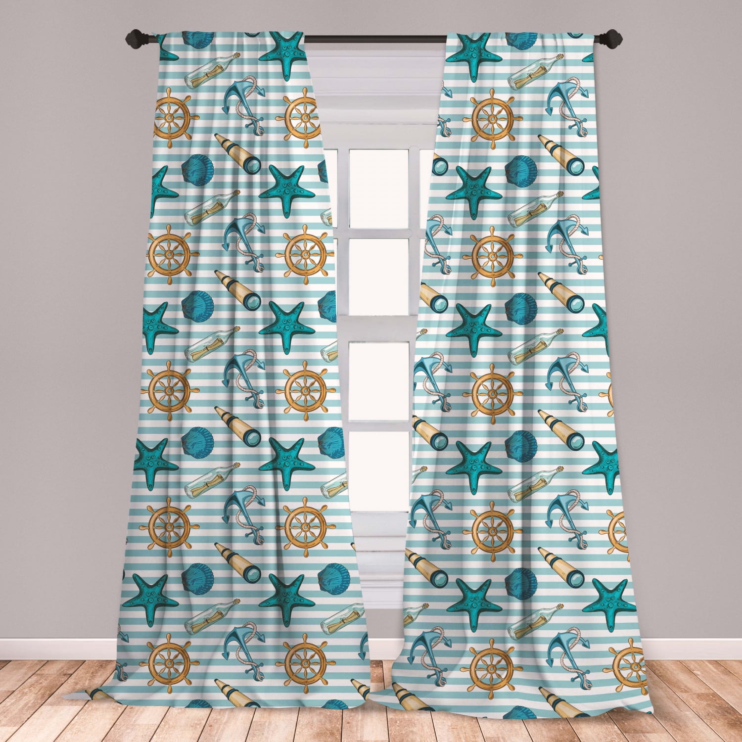 Nautical Curtains 2 Panels Set, Marine Sea Striped Background with