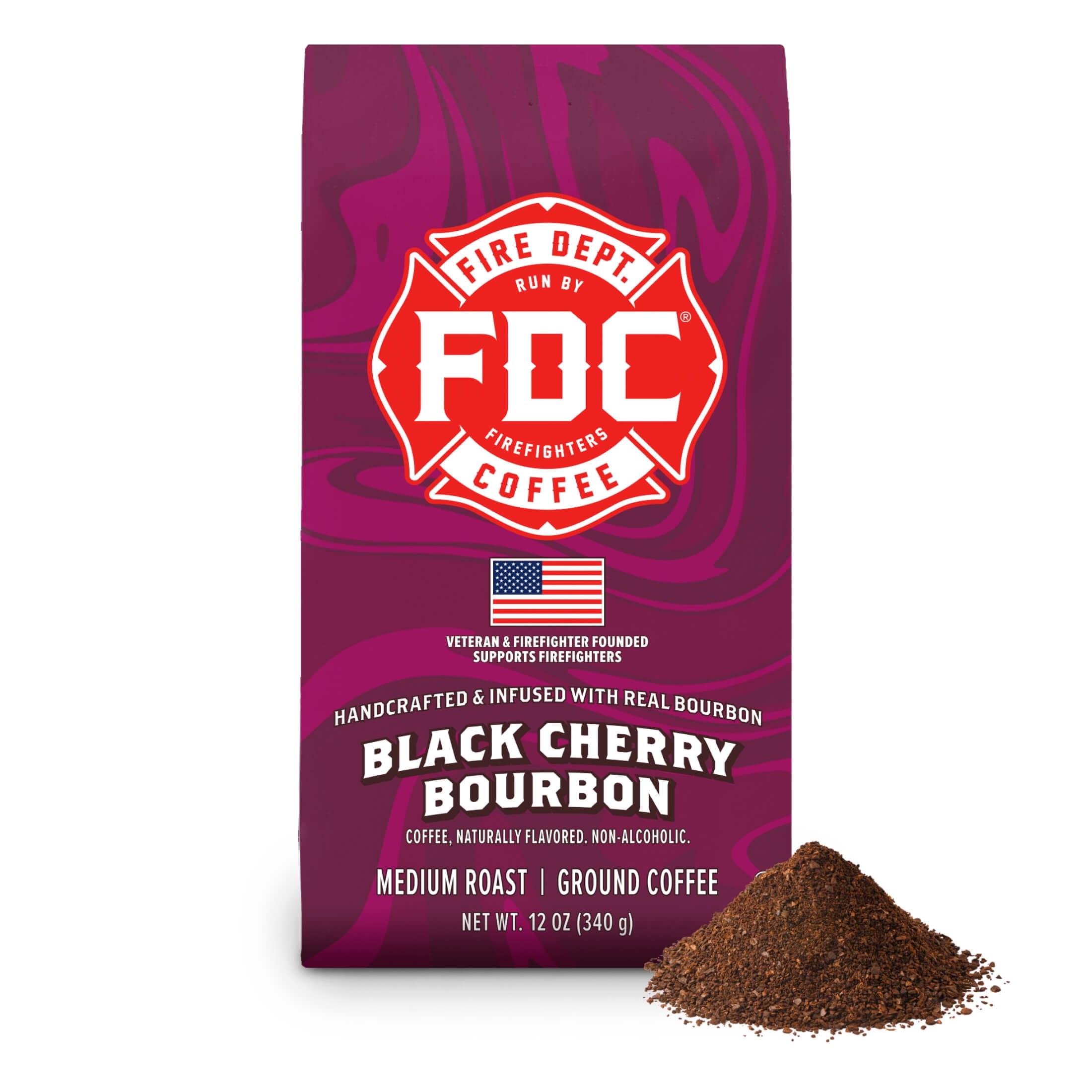 (6 pack) Fire Department Coffee, Black Cherry Bourbon Infused, Premium Ground Coffee, Medium Roast 12 oz.
