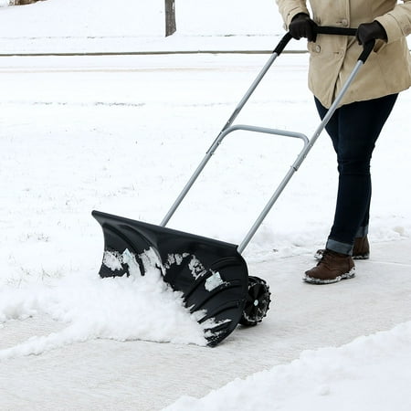 8 Inch Pusher - CASL Brands Heavy-Duty Rolling Snow Shovel Pusher with 6-Inch Wheels and Adjustable Handle, 26-Inch Blade