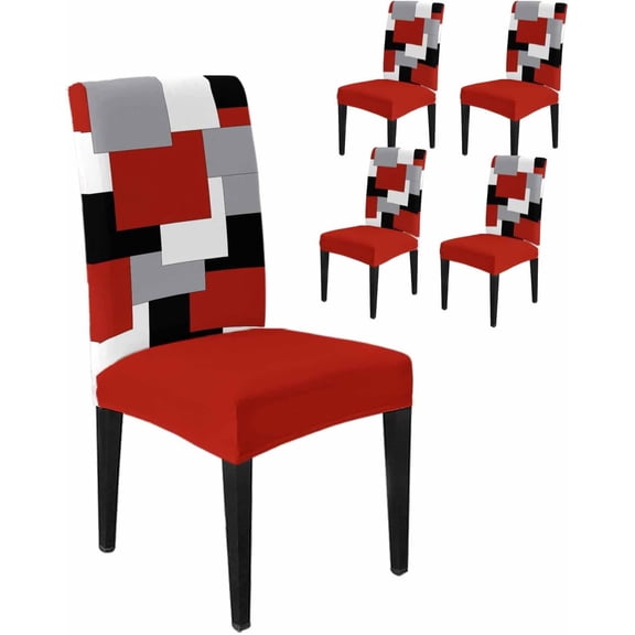 Stretch Chair Covers Set of 4, Abstract Red Black Grey White Color Block Universal Fit Elastic Decorative Dining Chairs Slipcovers for Wedding, Banquet, Splicing Geometric Plaid