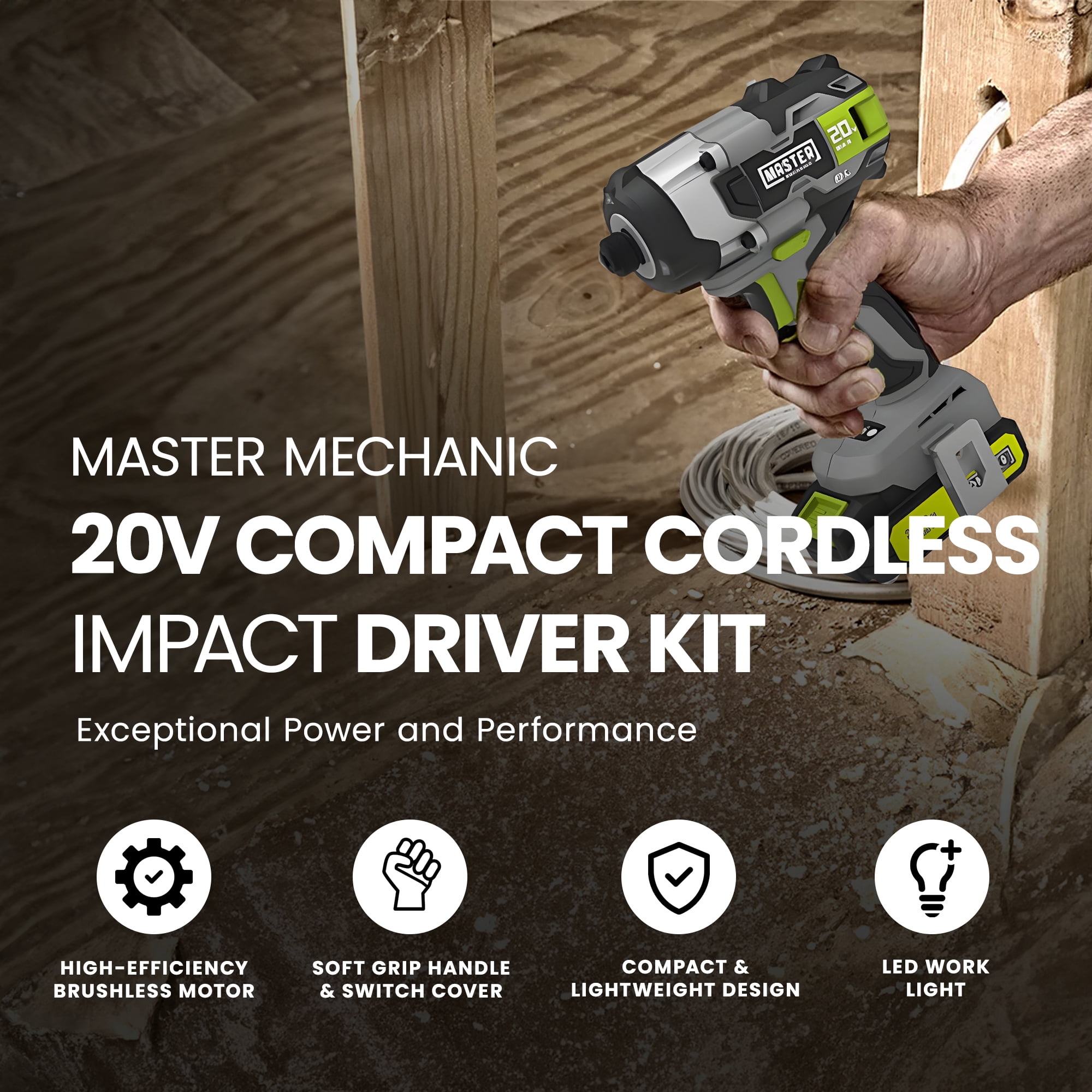 Master Mechanic 20V Compact Cordless Impact Driver Kit with Brushless Motor
