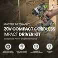 thumbnail image 2 of Master Mechanic 20 Volt Compact Cordless Impact Driver Kit with Brushless Motor, 2 of 7