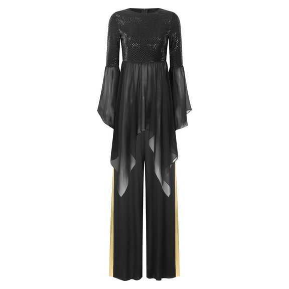 Kaerm Women Liturgical Dancewear Praise Dance Worship Overlay with Trousers Black L