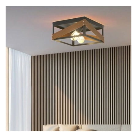 Rustic Ceiling Lamp, Adjustable 2-Light Geometric Metal & Wood Chandelier, Farmhouse Industrial Pendant Light for Living Room, Dining Room, Cafe