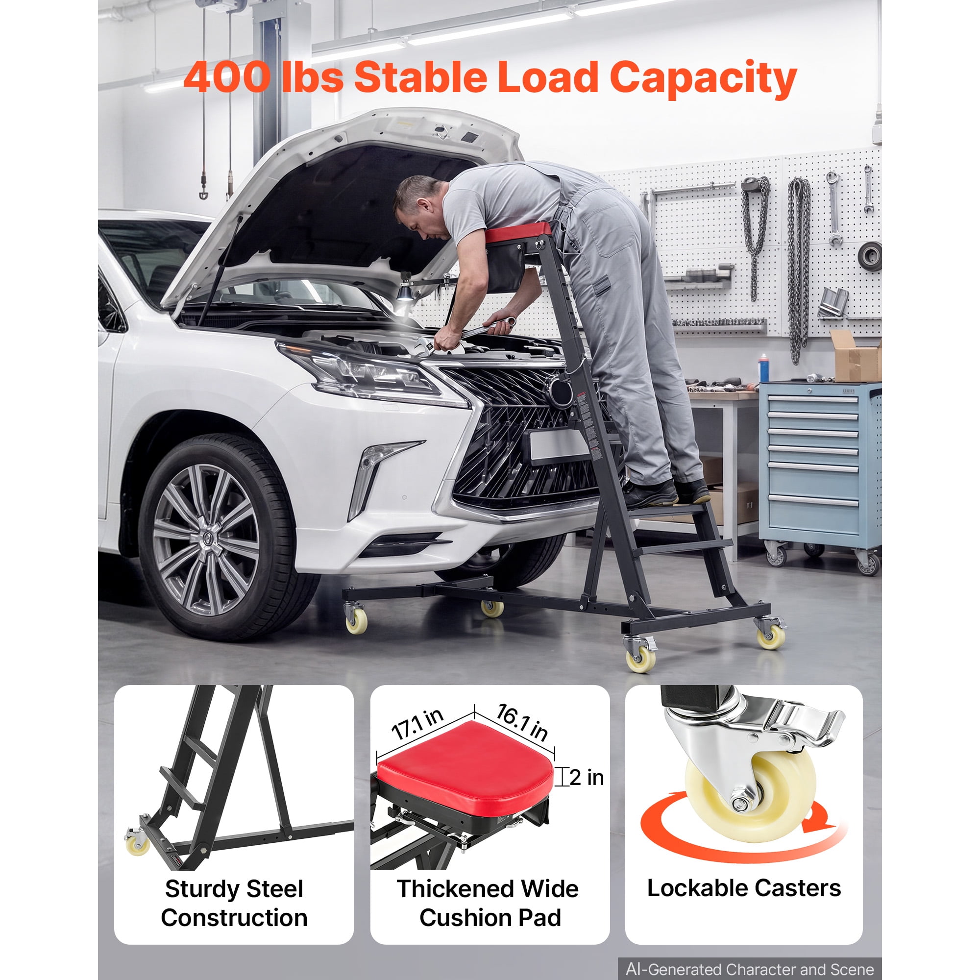 KFFKFF Adjustable Automotive Creeper 48"-64" with Folding Arm, Foldable High-Top Engine Creeper, 400LBS Durable Support, Stable I-Shaped Base, 4-Wheel Smooth Movement for Vehicle Maintenance