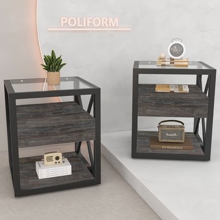 Wooden Coffee Tables Set of 2 Modern End Table with Drawer - Nightstand for Bedroom & Living Room Rustic Wood Grain MDF & Tempered Glass Top Industrial Style Side Table Wood Coffee Tables