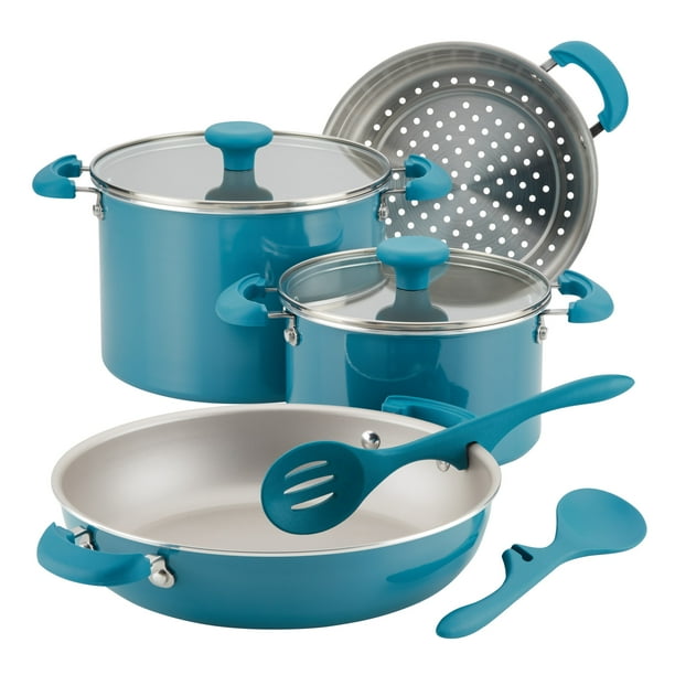Rachael Ray 8 Piece Get Cooking Stackable Nonstick Cookware Set Turquoise Walmart Com Walmart Com
